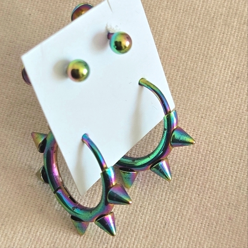 Iridescent Rainbow Spiked Hoop Earrings And Studs Oil Slick